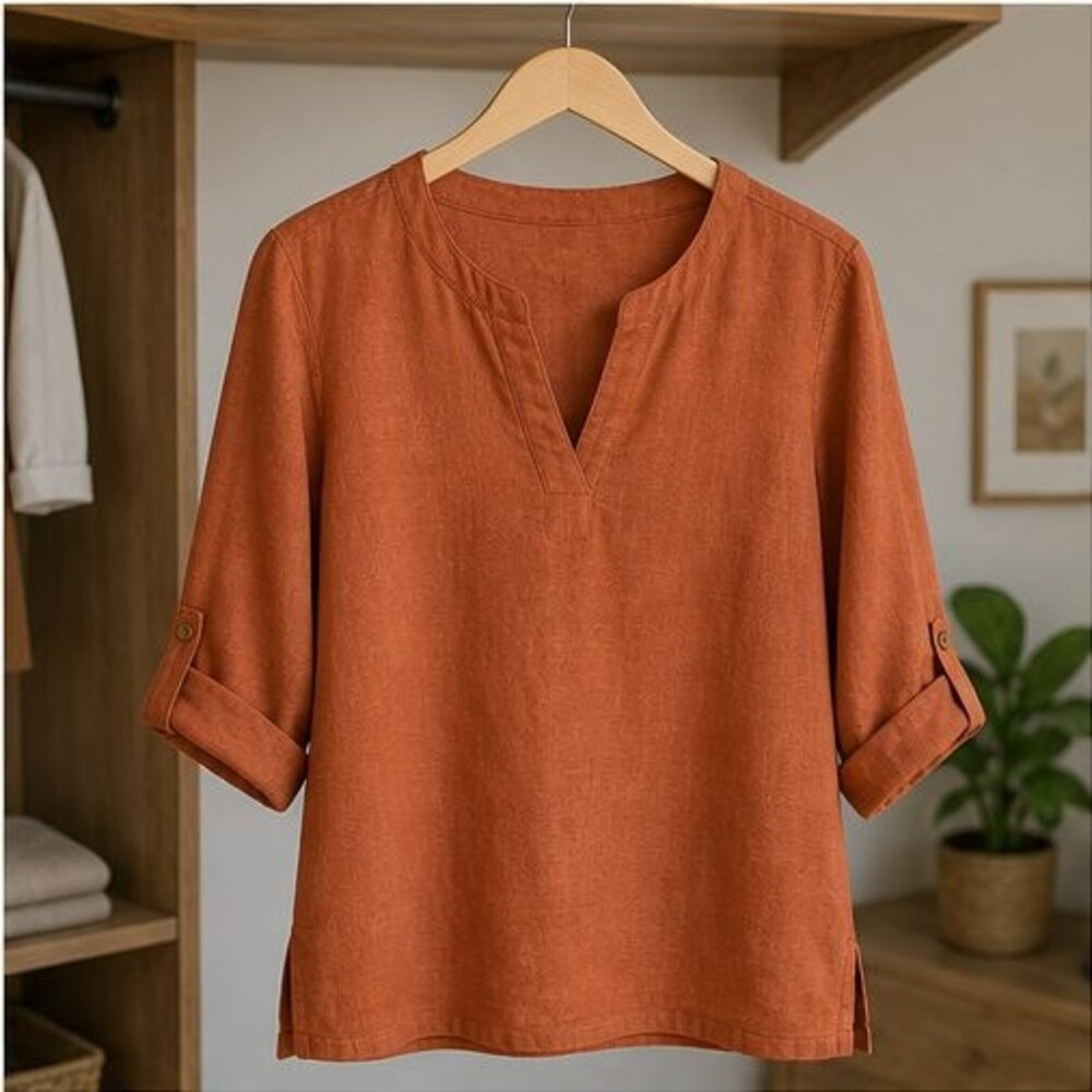 Rust Linen Notch Neck Blouse